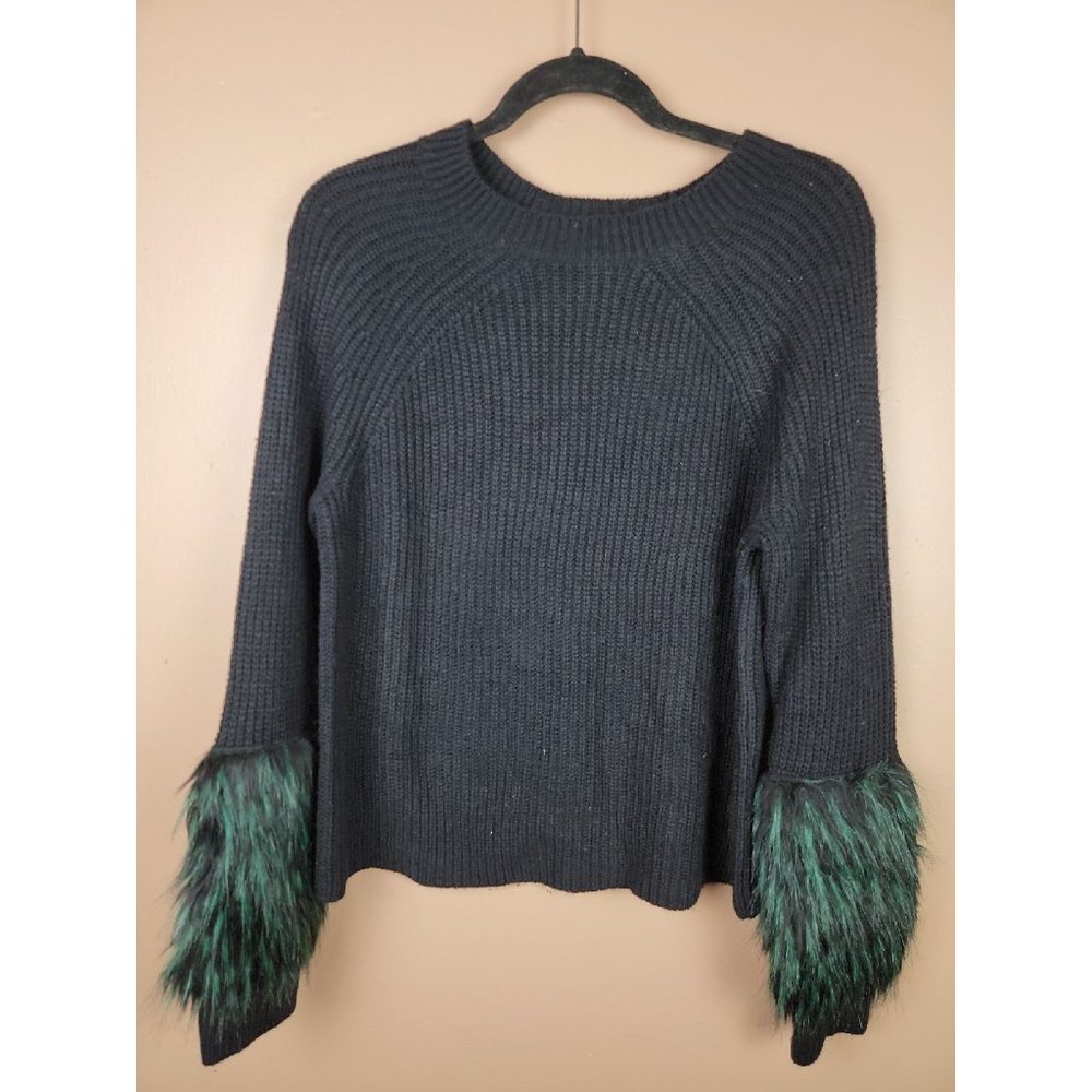 Free Press Black Sweater with Green Faux-Fur Cuffs
